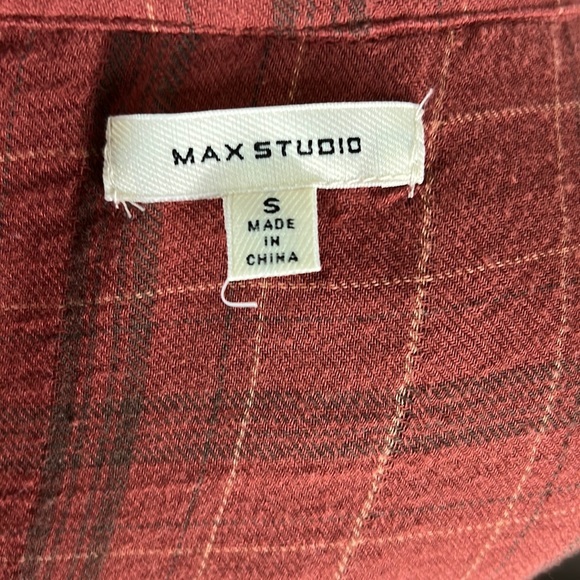 Max Studio Cotton Plaid Feminine Blouse Size S Brown Ruffles Empire Sleeve - Picture 7 of 11